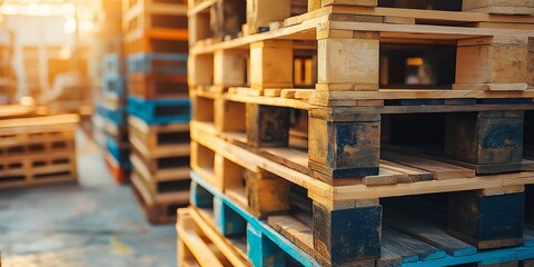 Obraz premium Sunlight illuminates a series of stacked wooden pallets in an industrial warehouse setting.