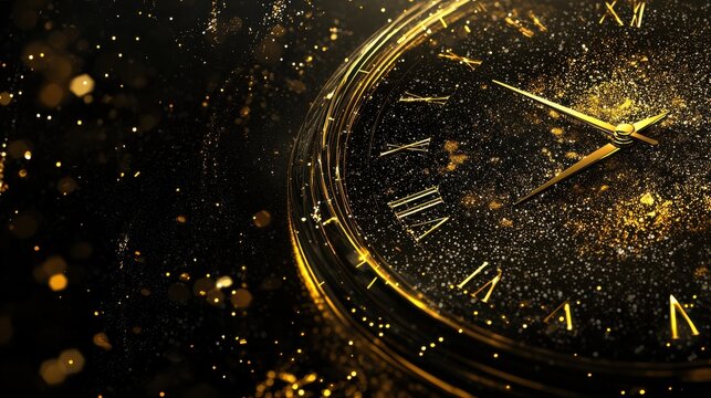 A sleek, minimalist advertisement banner with an elegant New Years Eve theme featuring glittering gold elements, a clock striking midnight, and ample space for custom text, designed for modern