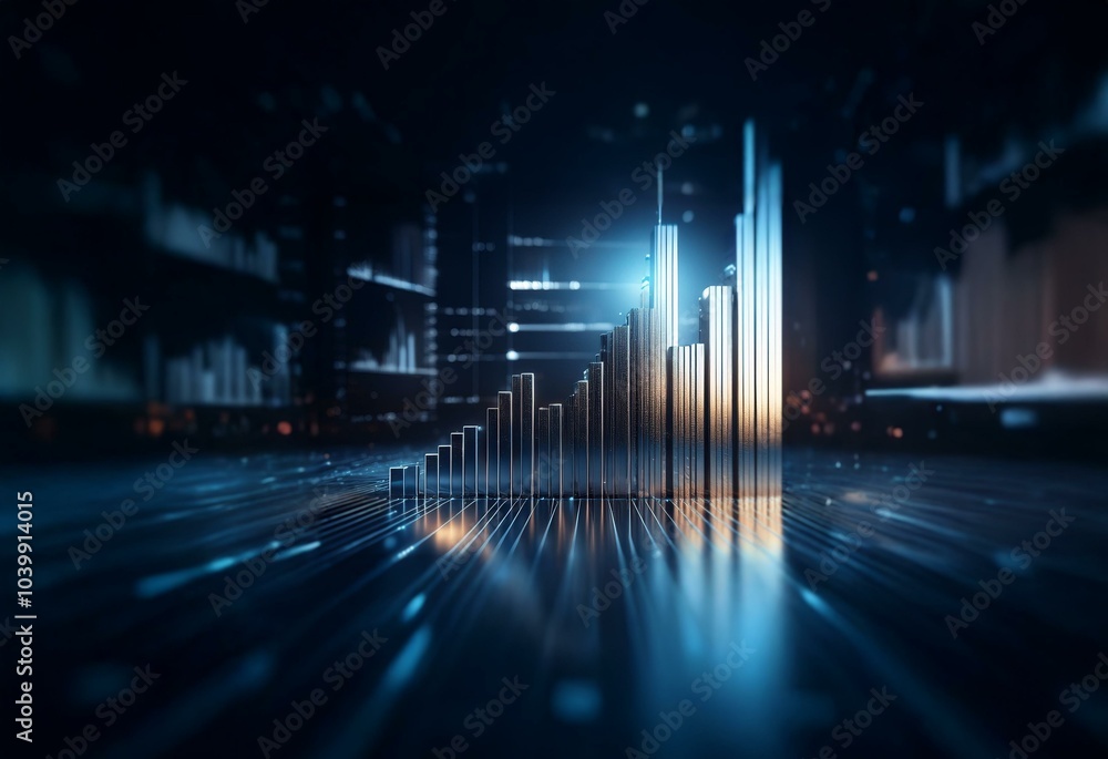 Poster A 3D rendering of a metallic bar graph rising upwards in a dark, abstract background.