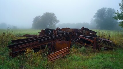 Naklejka premium Rusty Metal Debris in Foggy Meadow Landscape