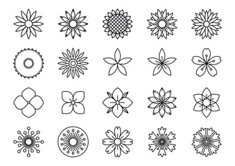 Set of flower icons. Collection of monochrome abstract flower heads. Vector 10 EPS.