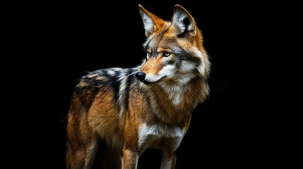 A red wolf stands against a black background, looking to the left with a serious expression.