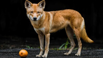 Fototapeta premium A red wolf standing on a black background with an orange ball in front of it.