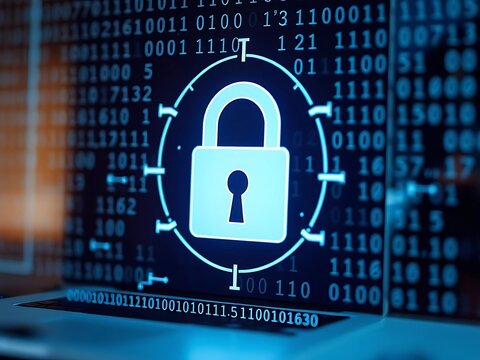Digital padlock icon on a touchscreen interface, surrounded by binary code and encryption symbols, representing secure data, online privacy, and protection from cyber threats