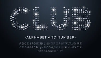 Silver font made of silver glittering sequins. Alphabet from sparkling metallic dots, with glitter numbers, upper and lower case letters.