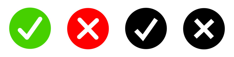 Set of various check marks in cartoon style. Vector illustration of green, red and graphic check marks isolated on white background. Right and wrong. Yes and no. Voting. Choice. Tick, cross.