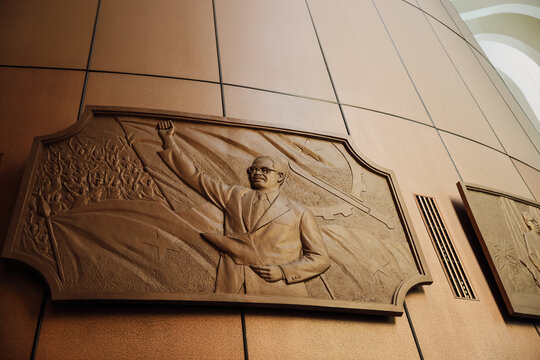 Luanda, Angola - May 17, 2024: Memorial of Agostinho Neto in Luanda features a detailed relief depicting the influential leader during a significant moment