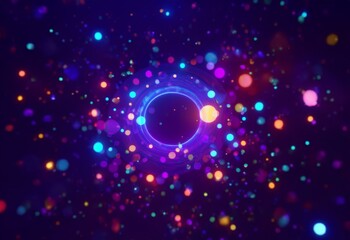 A dark background with a glowing, iridescent, purple, and blue ring in the center, surrounded by scattered, colorful bokeh.