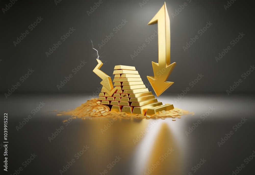 Poster a golden pyramid of bars is collapsing with an arrow pointing down.