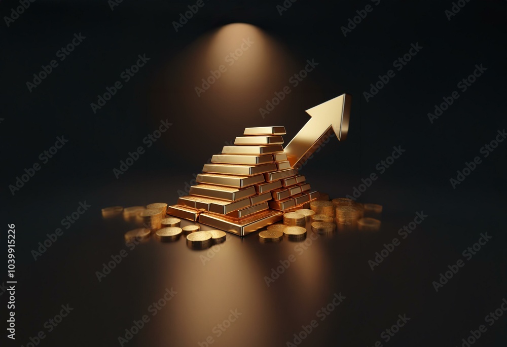 Poster a gold pyramid of bars with a gold arrow pointing up is surrounded by gold coins on a dark backgroun