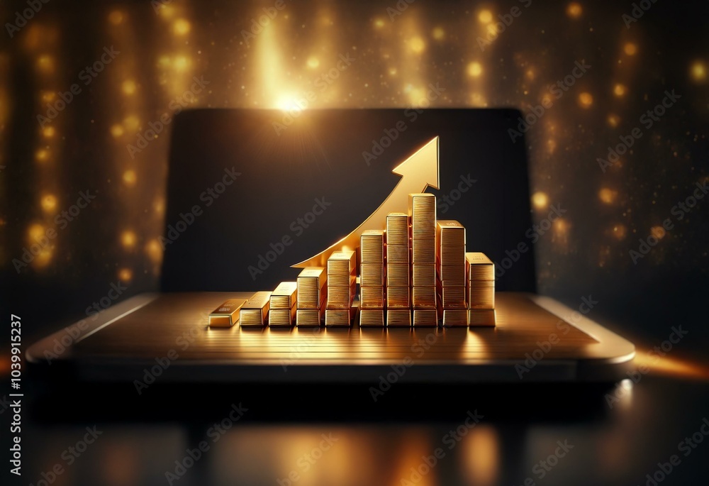 Poster a golden arrow points up above a bar chart made of gold bars on a dark, glowing surface.