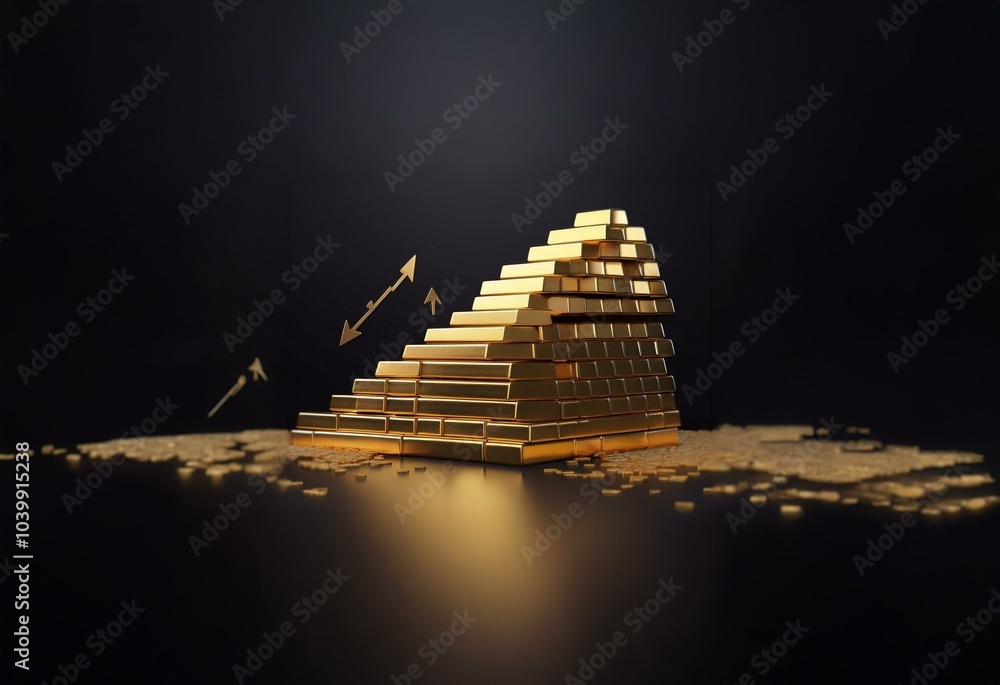 Poster a gold bar pyramid rises on a dark surface with gold arrows pointing upwards.