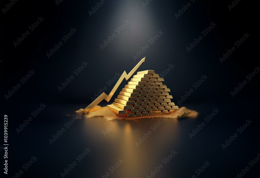 Poster a gold bar pyramid with a golden lightning bolt pointing up sits on a dark background.