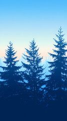 Obraz premium Winter forest silhouettes of fir trees and spruces with wood tree background.