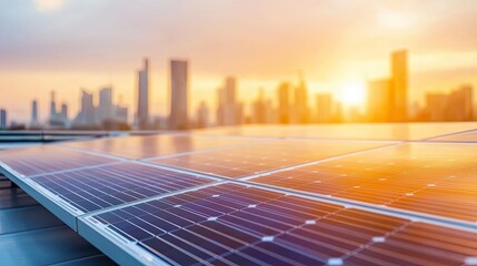 Solar panels capturing sunlight with urban skyline background during sunset.