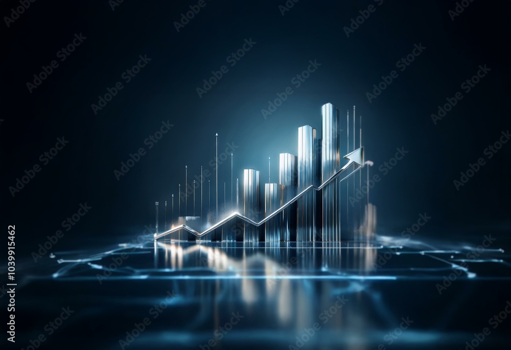 Aufkleber A 3D rendering of a metallic graph with an upward arrow, set against a dark blue background.