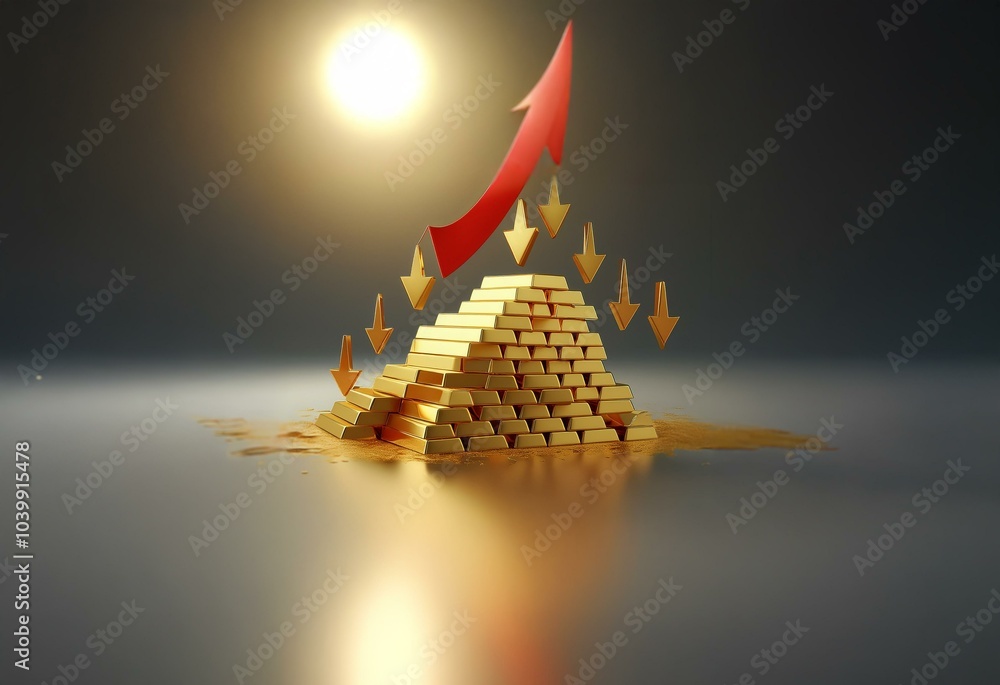 Aufkleber A pyramid of gold bars sits on a reflective surface with a red arrow pointing upward and several yellow arrows pointing downward.