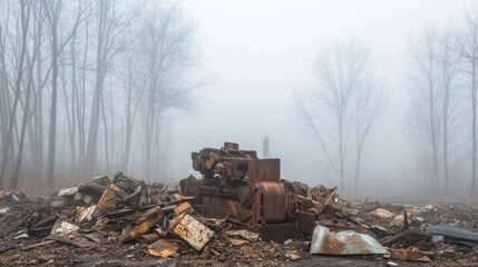 Foggy Landscape with Abandoned Machinery and Debris