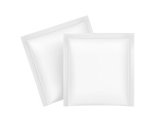 Sachet mockups. Hyper realistic. Vector illustration isolated on white background. Flat lay view. Packaging for cosmetic, food, pet. Ready for your design. EPS10.	