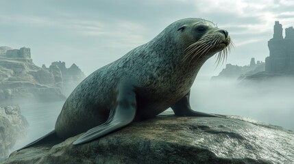 Fototapeta premium Sea lion resting on a rocky shore in misty landscape