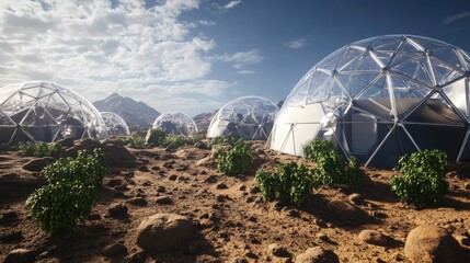A futuristic space colonization simulation center with Mars habitat prototypes and space exploration simulations, Space style, photo of