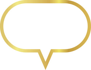 16x9  aspect ratio gold metallic speech bubble with oval shape. Blank outline talk balloon with centered, sharp, downward-pointing triangular tail on transparent background. 