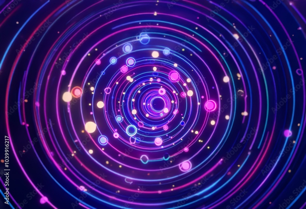 Poster abstract background with glowing neon circles and lines, creating a dynamic and vibrant space.