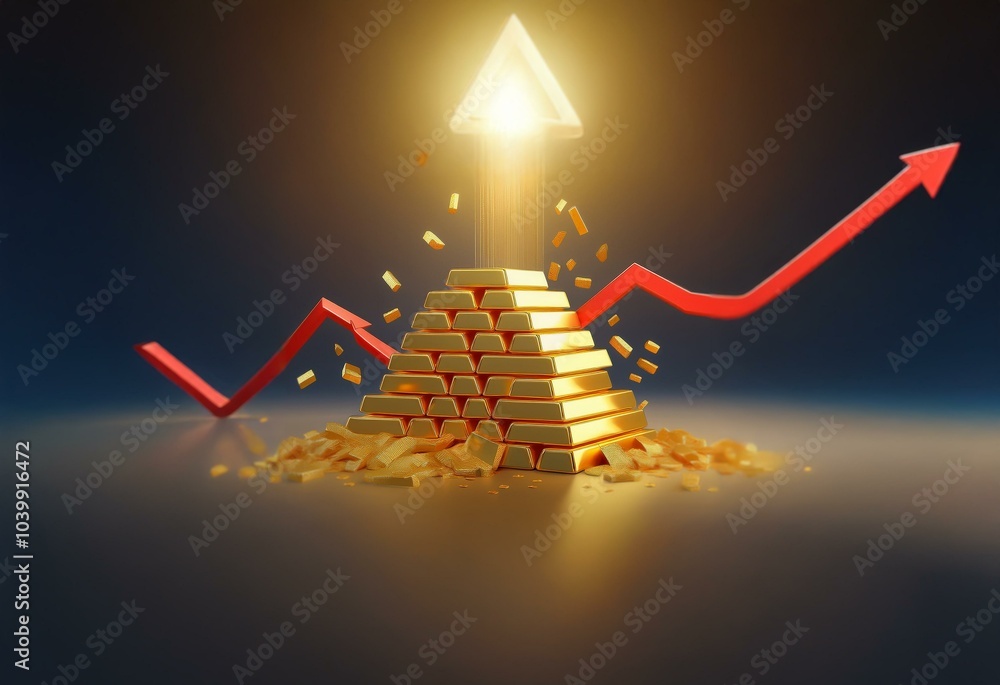 Poster a stack of gold bars is surrounded by a broken pile of gold with a glowing arrow pointing upward, in