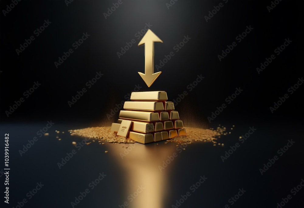 Poster A gold arrow points up and down over a pyramid of gold bars set against a black background with a few gold flecks scattered.
