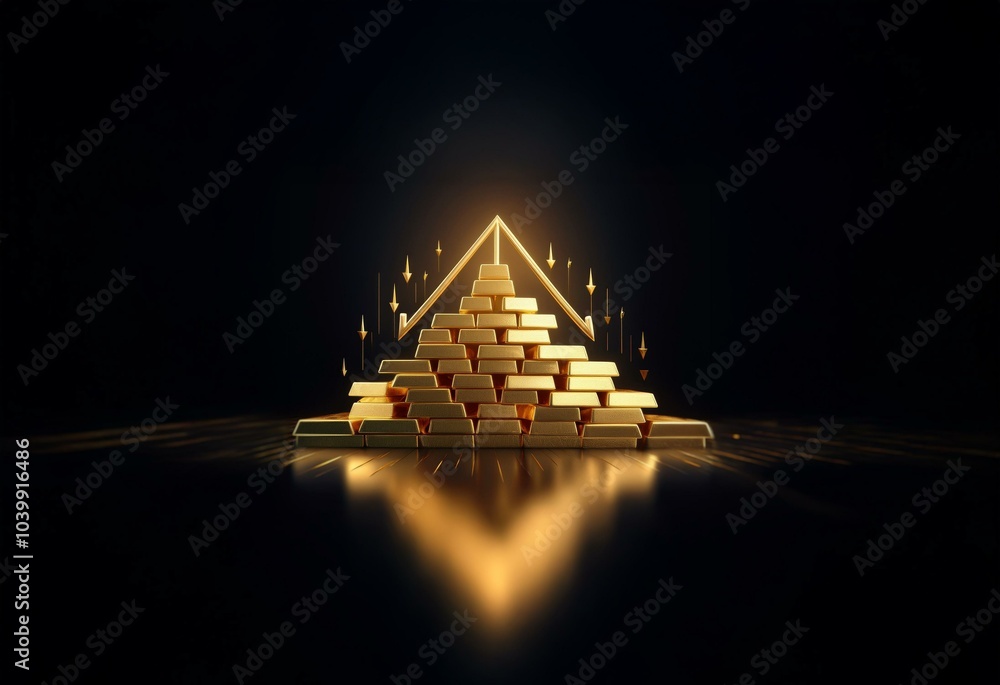 Poster a gold pyramid is stacked with bars, an upward arrow is pointing up, and small arrows are pointing d