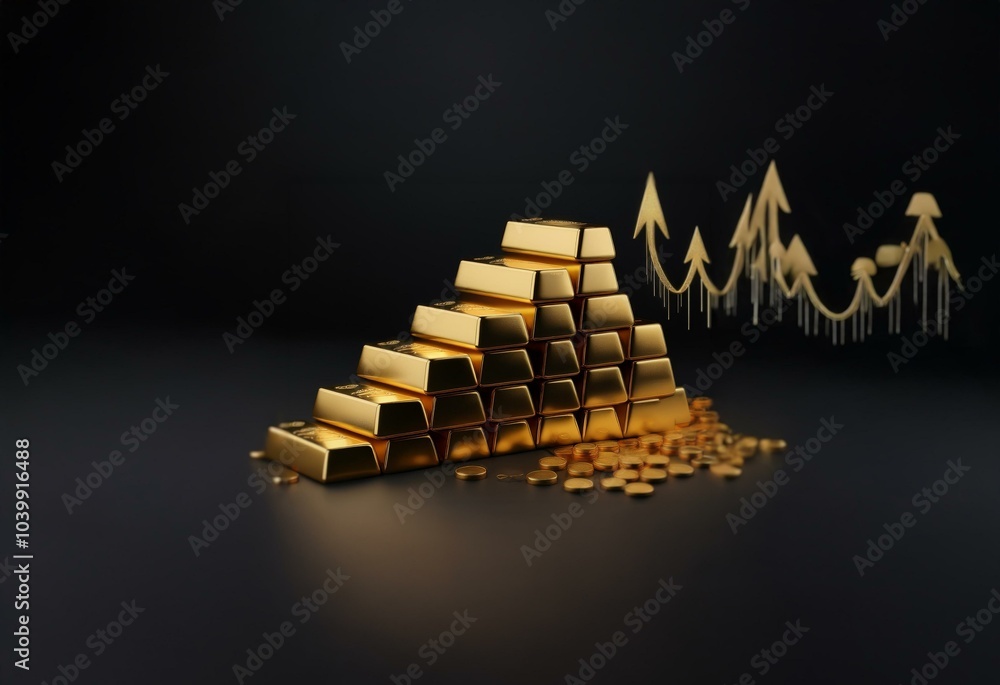 Poster gold bars stacked in a pyramid with gold coins at the base and gold upward arrows in the background.