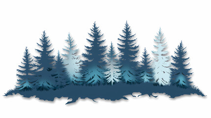 Winter forest silhouettes of fir trees and spruces with wood tree background.