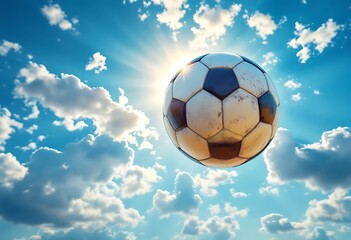 soccer ball flies in the sky with clouds and shine
