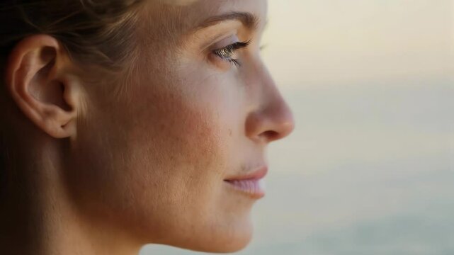 Portrait of a young adult woman with blonde hair in profile. Concept of female facial care.
