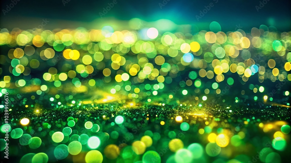 Poster defocused green bokeh lights over dark background for magical atmosphere and text space
