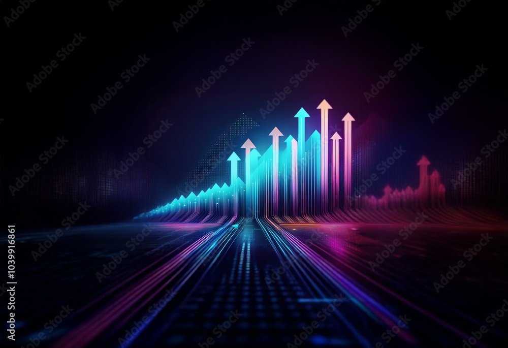 Aufkleber neon blue and pink arrows rise up in a dark abstract background with a grid pattern.