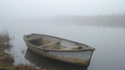Obraz premium Abandoned Boat on Misty Waterway at Dawn