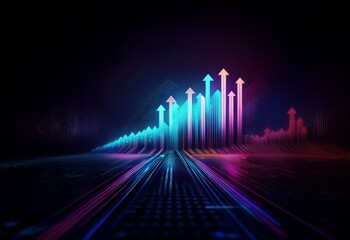 Fototapeta premium Neon blue and pink arrows rise up in a dark abstract background with a grid pattern.