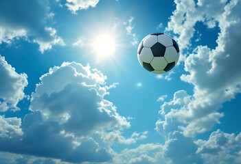 soccer ball flies in the sky with clouds and shine

