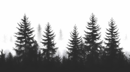 Winter forest silhouettes of fir trees and spruces with wood tree background.