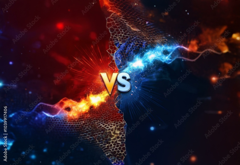 Poster a stylized image of a duel between two forces represented by red and blue lights and stylized flames
