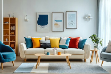 scandinavian interior design of modern living room  vibrant colorful  furniture