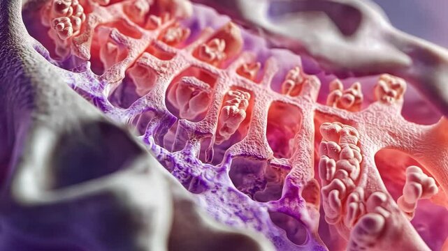 A close-up view of the intricate structure of a bone, highlighting the red and purple color variations