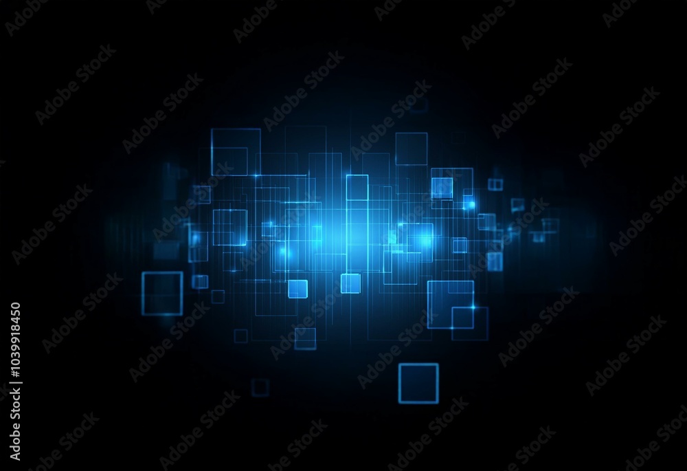 Poster abstract digital background with glowing blue squares and lines.