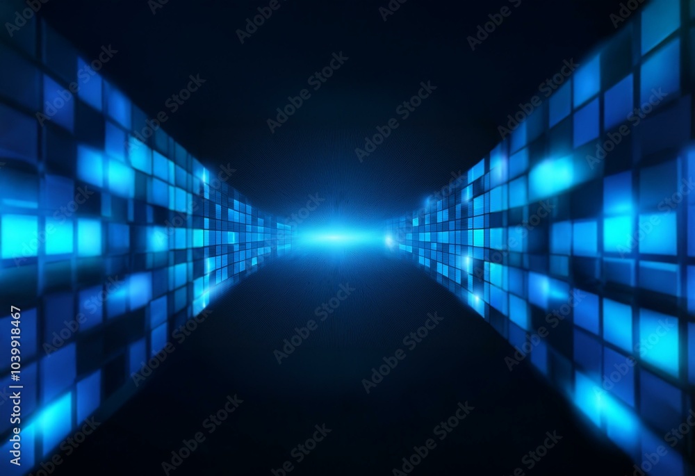 Poster abstract blue glowing square shapes recede into the distance creating a digital tunnel effect.