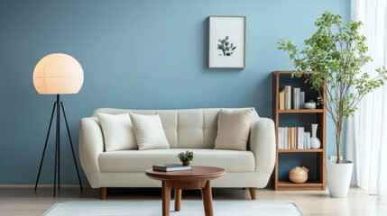 armchair sofa Book shelf and blue wall. Scandinavian home interior design of modern living room