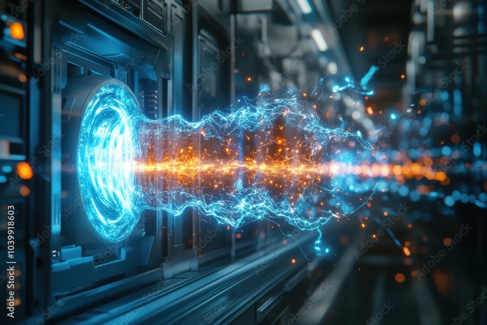 Aufkleber energy beam emerging from a futuristic machine in a high-tech laboratory setting