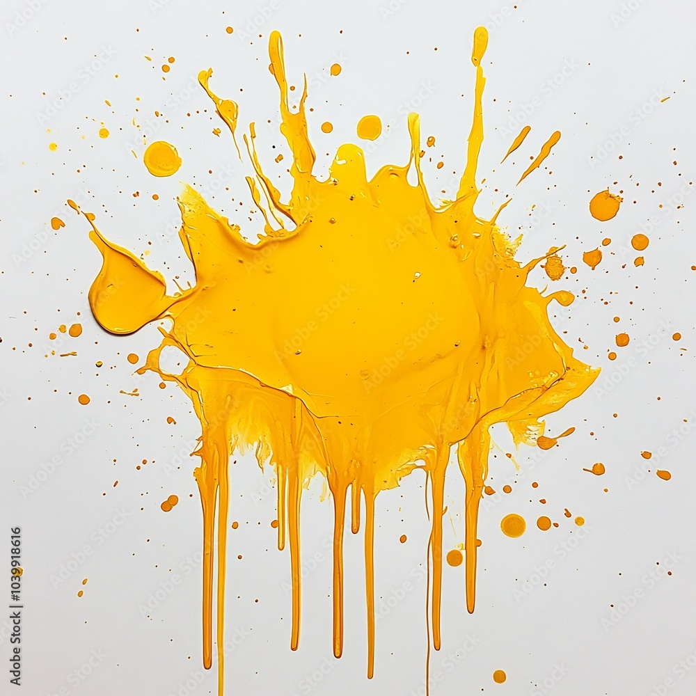 Poster intense yellow ink stain captured on a white backdrop with paint splatters cascading around it the b