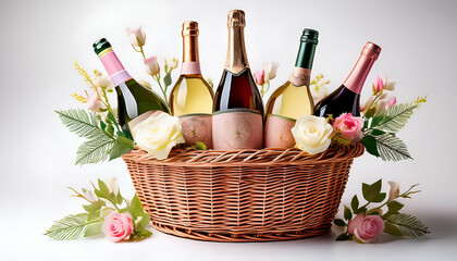 basket with wine and flowers.Assorted wines in a wicker basket with a bottle of champagne peeking out, resting on a white background with light floral elements placed around