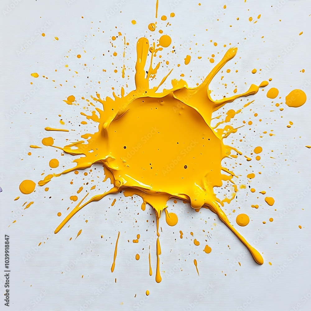 Poster Intense yellow ink stain captured on a white backdrop with paint splatters cascading around it The bright color adds vibrancy and warmth creating an eyecatching focal point in the composition